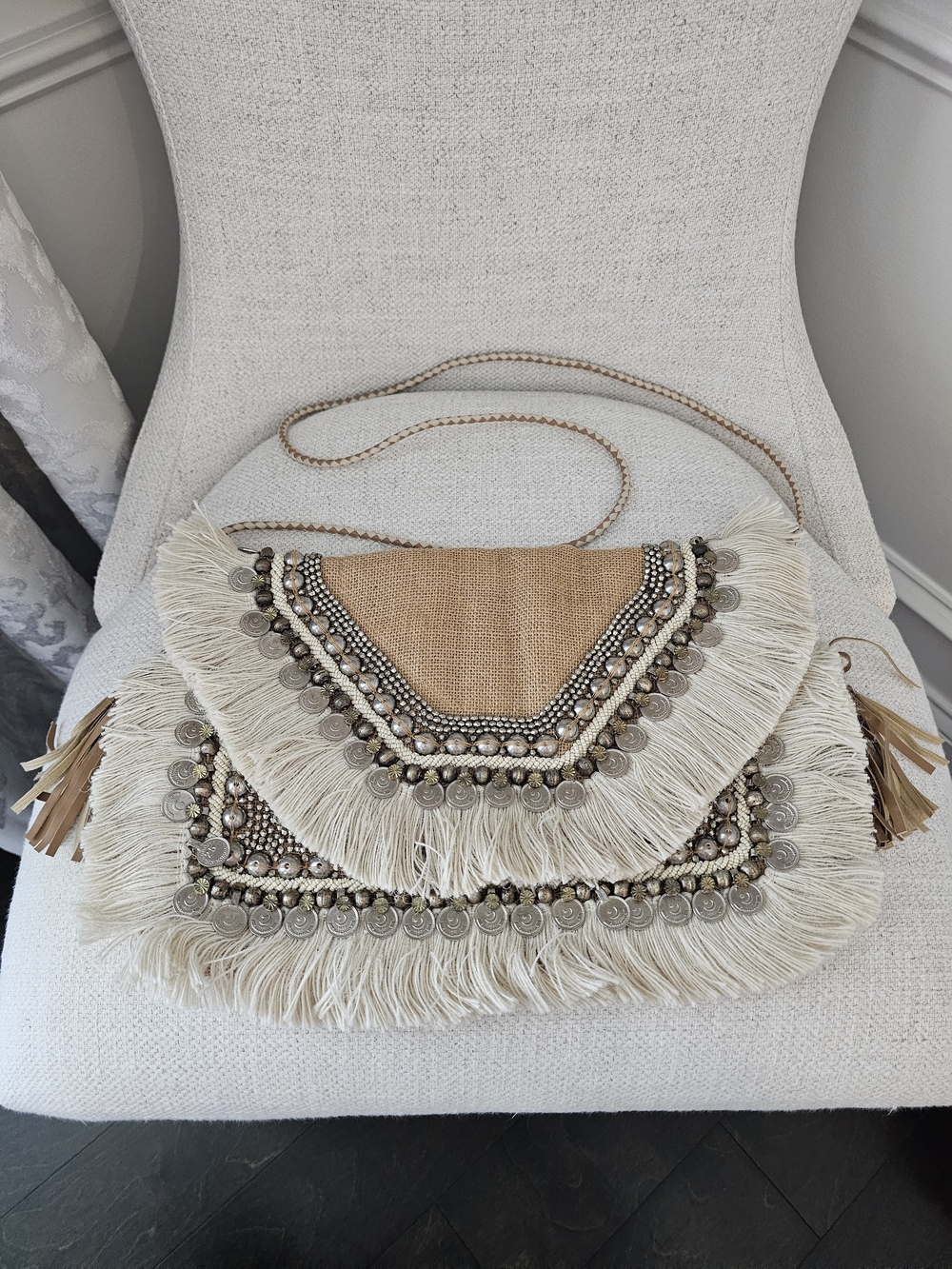 NEW Vici Beige and Cream Fringe Crossbody with Coin & Bead Embellishments